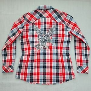 Ariat Eagle Shirt Large Long Sleeve Plaid Diamond Pearl Snap Western Cowgirl
